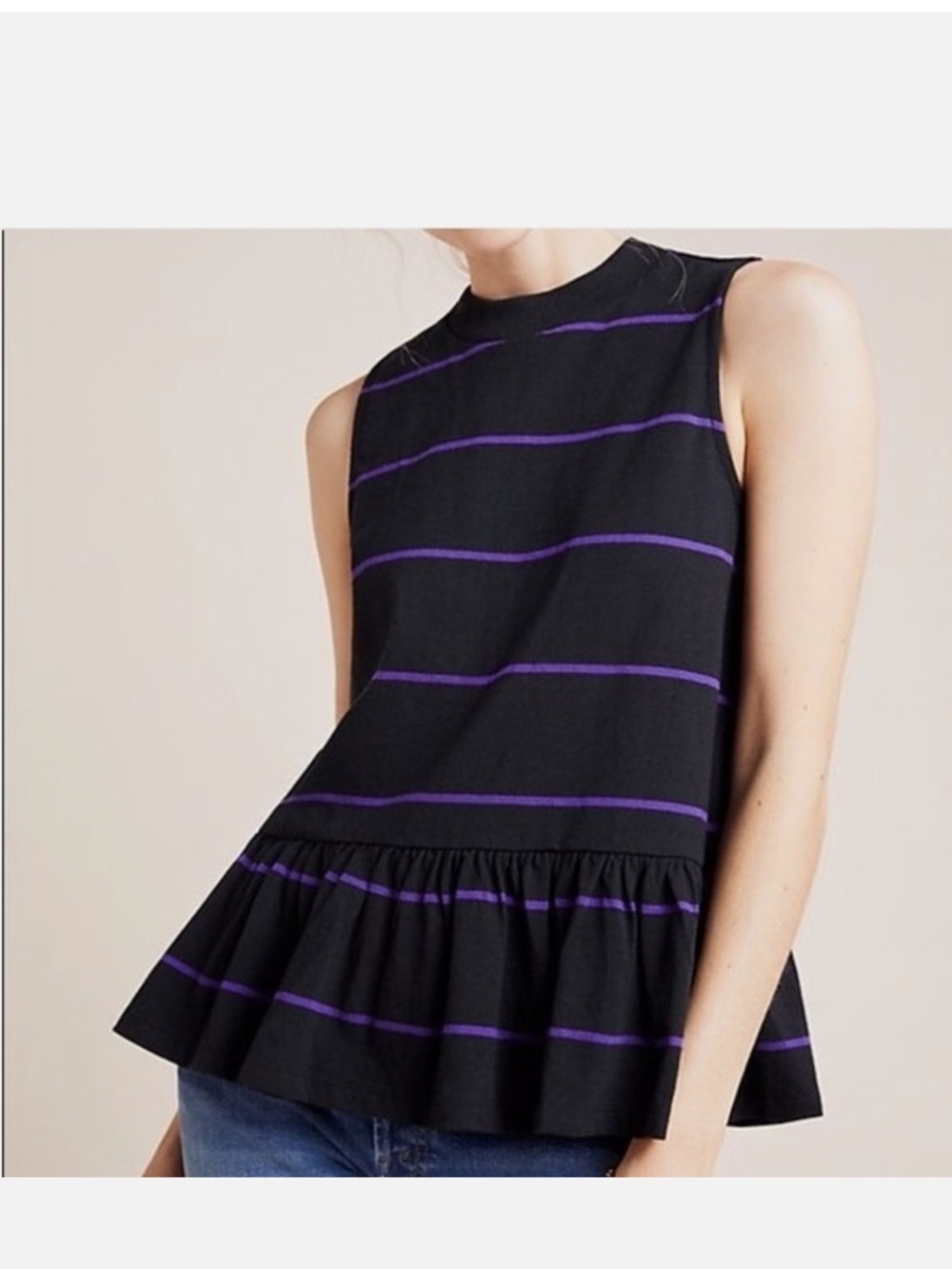 Anthropologie Black Striped Hildi Peplum Mock Neck Cotton Tank Top, XS